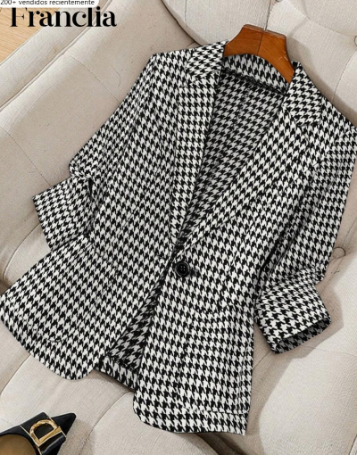 Franclia Blazer casual de uso diario con cuello muesca, bolsillos con botones y estampado de pata de gallo para mujer, para otoño/invierno